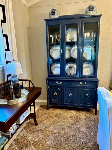 Vintage Bassett Bamboo & Cane Front Two Piece China Cabinet Available for Custom Lacquer!