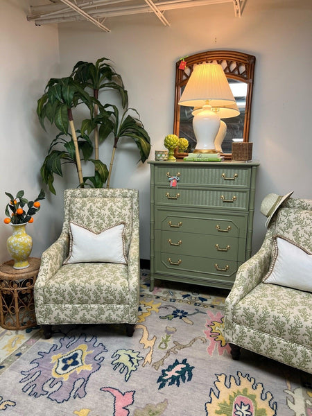 Pair of Green & White Custom Upholstered Armchairs from The Breakers Ready to Ship! - Hibiscus House