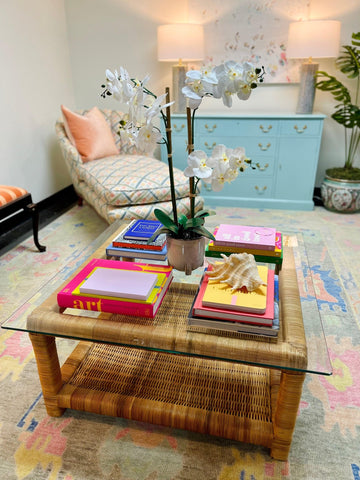 Vintage Wrapped Rattan Square Coffee Table with Glass Top Ready to Ship - Hibiscus House