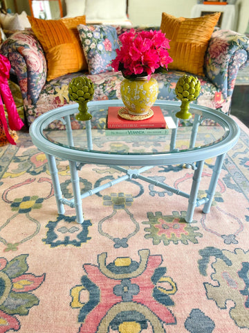 Vintage Oval Faux Bamboo Coffee Table with Fretwork Detail Lacquered in Little Boy Blue Ready to Ship - Hibiscus House