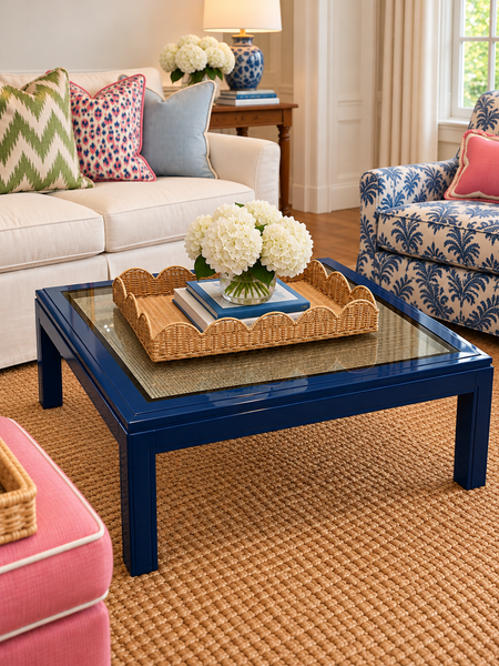 Vintage Caned Top Coffee Table with Inlaid Glass & Gold Trim Available for Custom Lacquer!