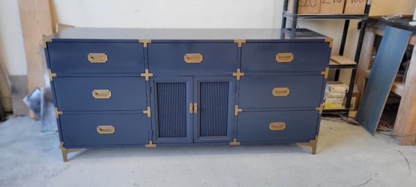 Vintage Bernhardt Furniture Campaign Style Seven Drawer Dresser Available for Custom Lacquer! - Hibiscus House