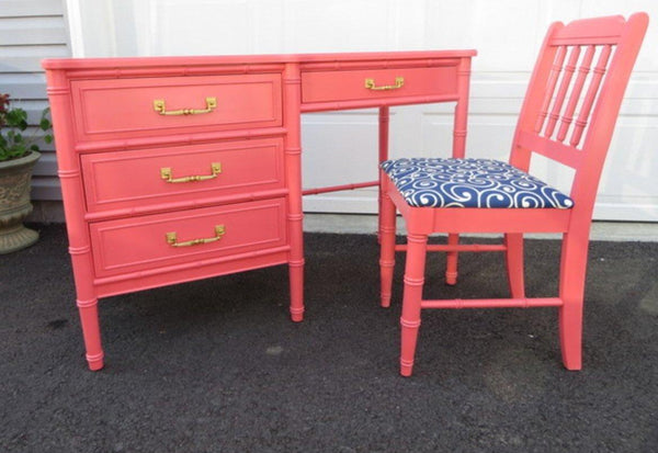 Vintage Henry Link Bali Hai Faux Bamboo Writing Desk WITH Bench - Hibiscus House