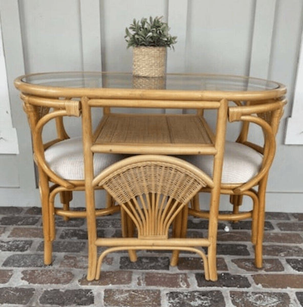 Vintage Rattan Shell Detail Honeymoon Table and Chairs Available for Custom Lacquer! - Hibiscus House