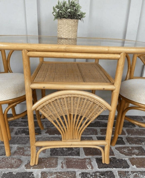 Vintage Rattan Shell Detail Honeymoon Table and Chairs Available for Custom Lacquer! - Hibiscus House