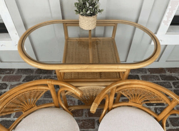 Vintage Rattan Shell Detail Honeymoon Table and Chairs Available for Custom Lacquer! - Hibiscus House