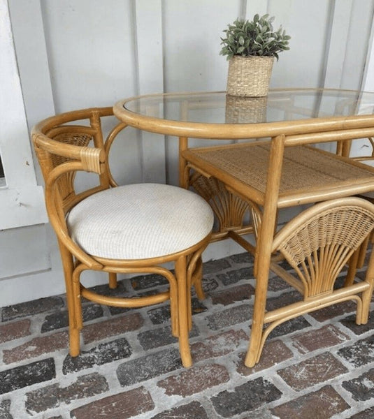 Vintage Rattan Shell Detail Honeymoon Table and Chairs Available for Custom Lacquer! - Hibiscus House