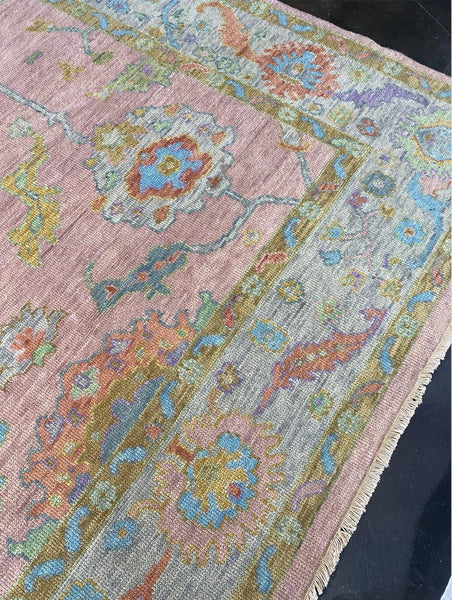 8 x 10 Handmade Pink and Green Oushak Rug - Hibiscus House