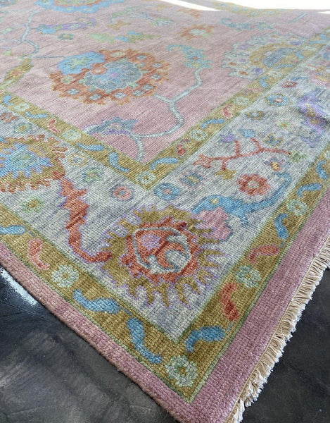 8 x 10 Handmade Pink and Green Oushak Rug - Hibiscus House