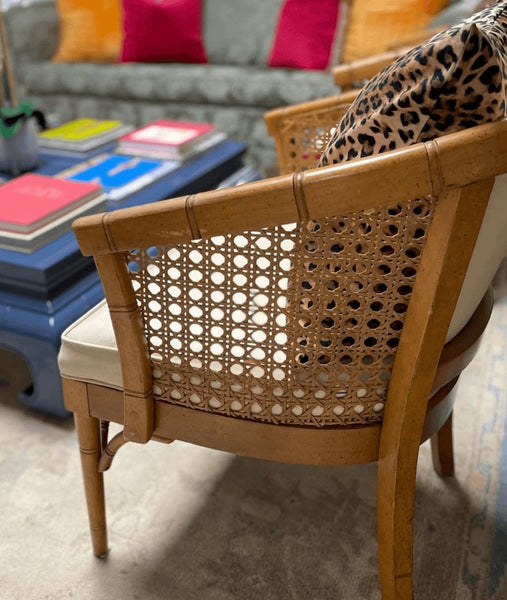 Vintage Pair of Cane Barrel Back Upholstered Chairs - Hibiscus House