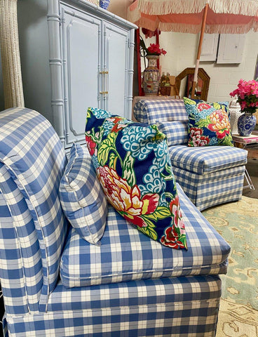 Pair of Vintage Ashley Manor Blue & White Upholstered Slipper Chairs - Hibiscus House