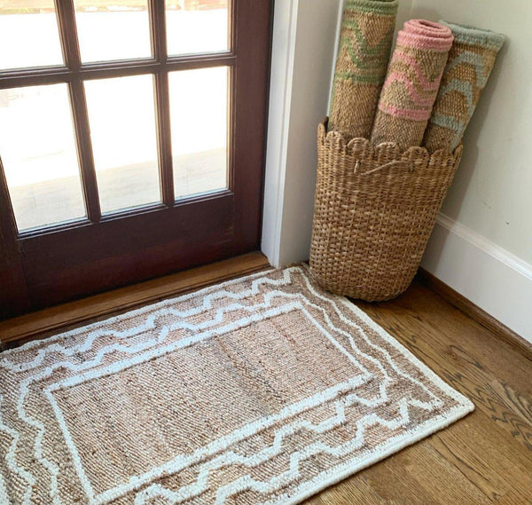 Jute and Wool Scallop Design Rug in Green Available and Ready to Ship FREE - Hibiscus House