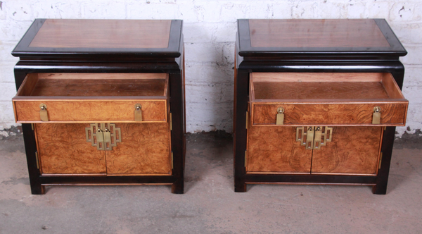 Century Furniture Chinoserie Burl Wood Nightstand Pair Available for Custom Lacquer!