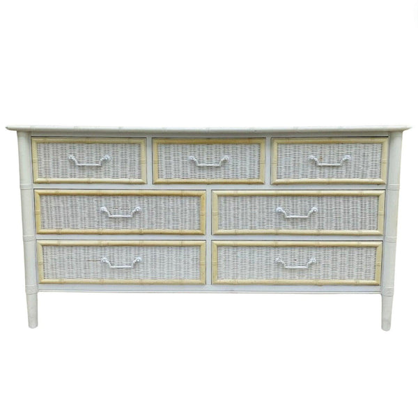 Vintage Dixie Furniture Company Faux Bamboo and Wicker Front Seven Drawer Dresser Available for Custom Lacquer - Hibiscus House