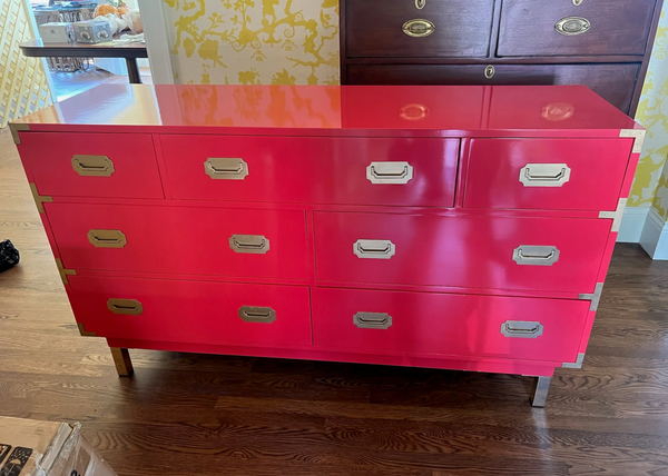 Stunning Henredon Campaign Style Seven Drawer Dresser Available for Lacquer