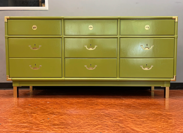 Stunning Henredon Campaign Style Seven Drawer Dresser Available for Lacquer