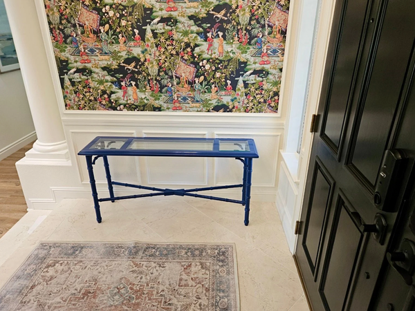 Faux Bamboo Console Sofa Table with Glass Top and Cane Shelf Available for Custom Lacquer