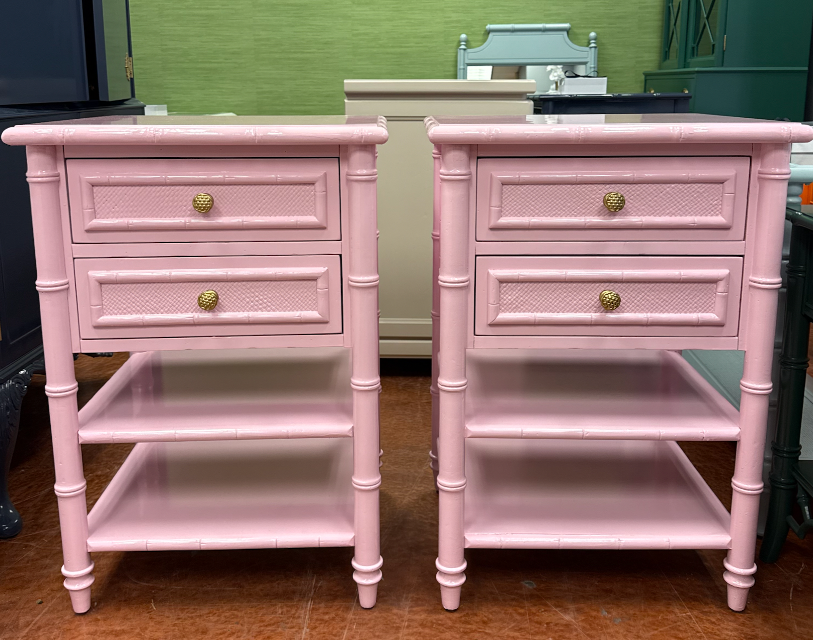Bamboo End Table Pair Custom Lacquered in SW Irresistible Pink Ready to Ship!