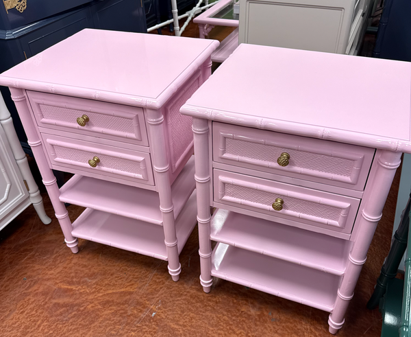 Bamboo End Table Pair Custom Lacquered in SW Irresistible Pink Ready to Ship!
