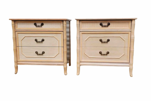 Vintage Faux Bamboo Broyhill Three-Drawer Large Nightstand Pair Available for Lacquer