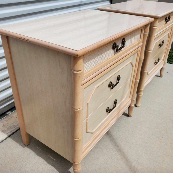 Vintage Faux Bamboo Broyhill Three-Drawer Large Nightstand Pair Available for Lacquer