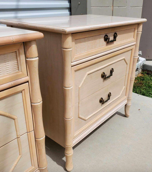 Vintage Faux Bamboo Broyhill Three-Drawer Large Nightstand Pair Available for Lacquer