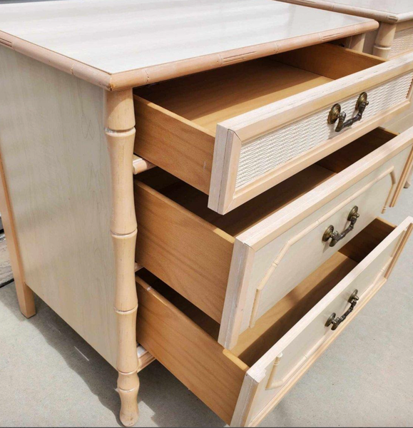 Vintage Faux Bamboo Broyhill Three-Drawer Large Nightstand Pair Available for Lacquer