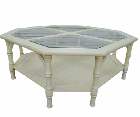 Vintage Mersman Bamboo Octagonal Beveled Glass Coffee Table Available for Lacquer!