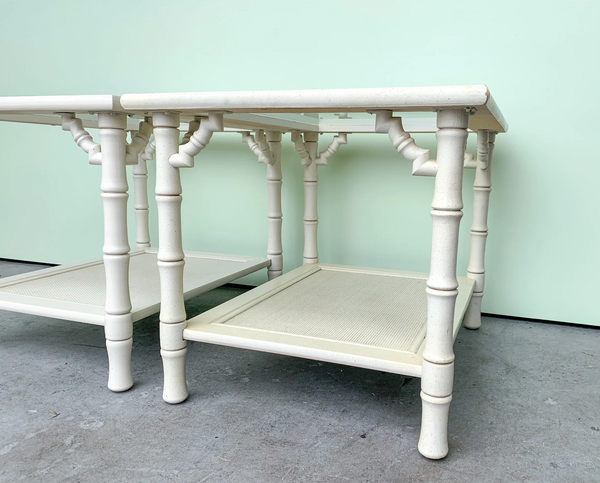 Vintage Faux Bamboo Two-Tier Mersman Furniture Side Table Pair Available for Custom Lacquer! - Hibiscus House