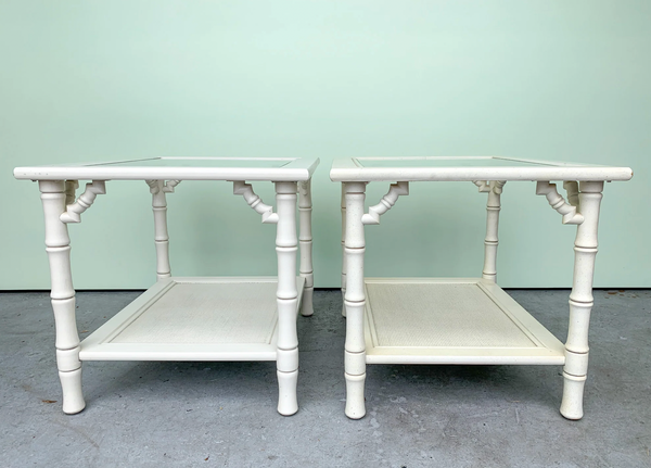 Vintage Faux Bamboo Two-Tier Mersman Furniture Side Table Pair Available for Custom Lacquer! - Hibiscus House