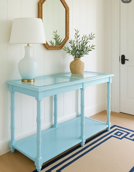 Vintage Two Tiered Faux Bamboo Console Sofa Table with Glass Top Cane Shelf Available for Custom Lacquer - Hibiscus House