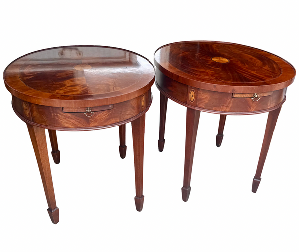 Vintage Hekman Mahogany Oval Side Table Pair With Pull-Out Trays Available for Custom Lacquer!