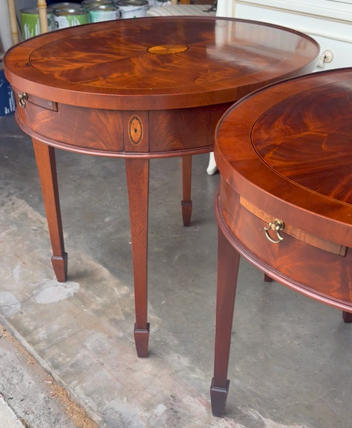 Vintage Hekman Mahogany Oval Side Table Pair With Pull-Out Trays Available for Custom Lacquer!