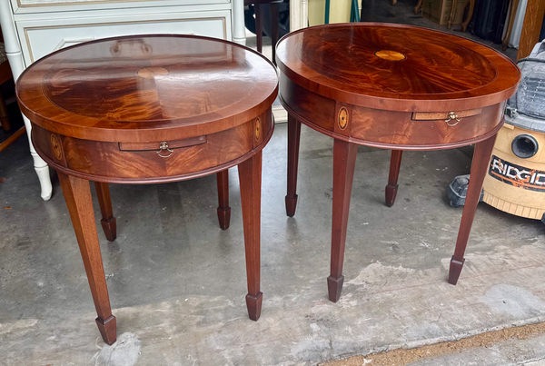 Vintage Hekman Mahogany Oval Side Table Pair With Pull-Out Trays Available for Custom Lacquer!