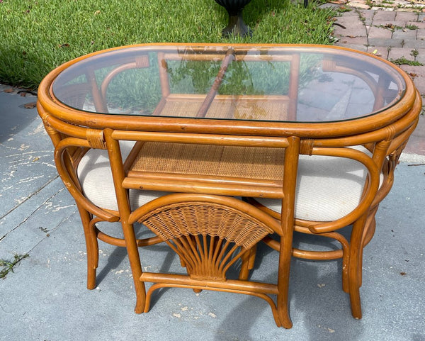 Vintage Rattan Honeymoon Table and Chair Set Available for Custom Lacquer!