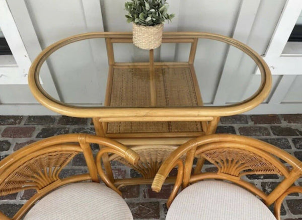 Vintage Rattan Honeymoon Table and Chair Set Available for Custom Lacquer!