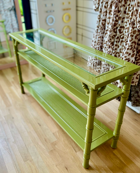 Two Tiered Faux Bamboo Console Table with Glass Top and Cane Shelf Available for Custom Lacquer
