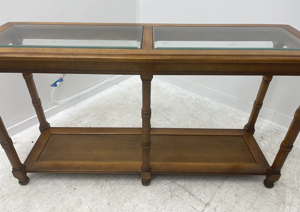 Two Tiered Faux Bamboo Console Table with Glass Top and Cane Shelf Available for Custom Lacquer