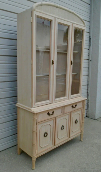 Vintage Broyhill Faux Bamboo Two Piece Rounded Top China Cabinet Available for Lacquer