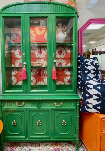 Vintage Broyhill Faux Bamboo Two Piece Rounded Top China Cabinet Available for Lacquer - Hibiscus House