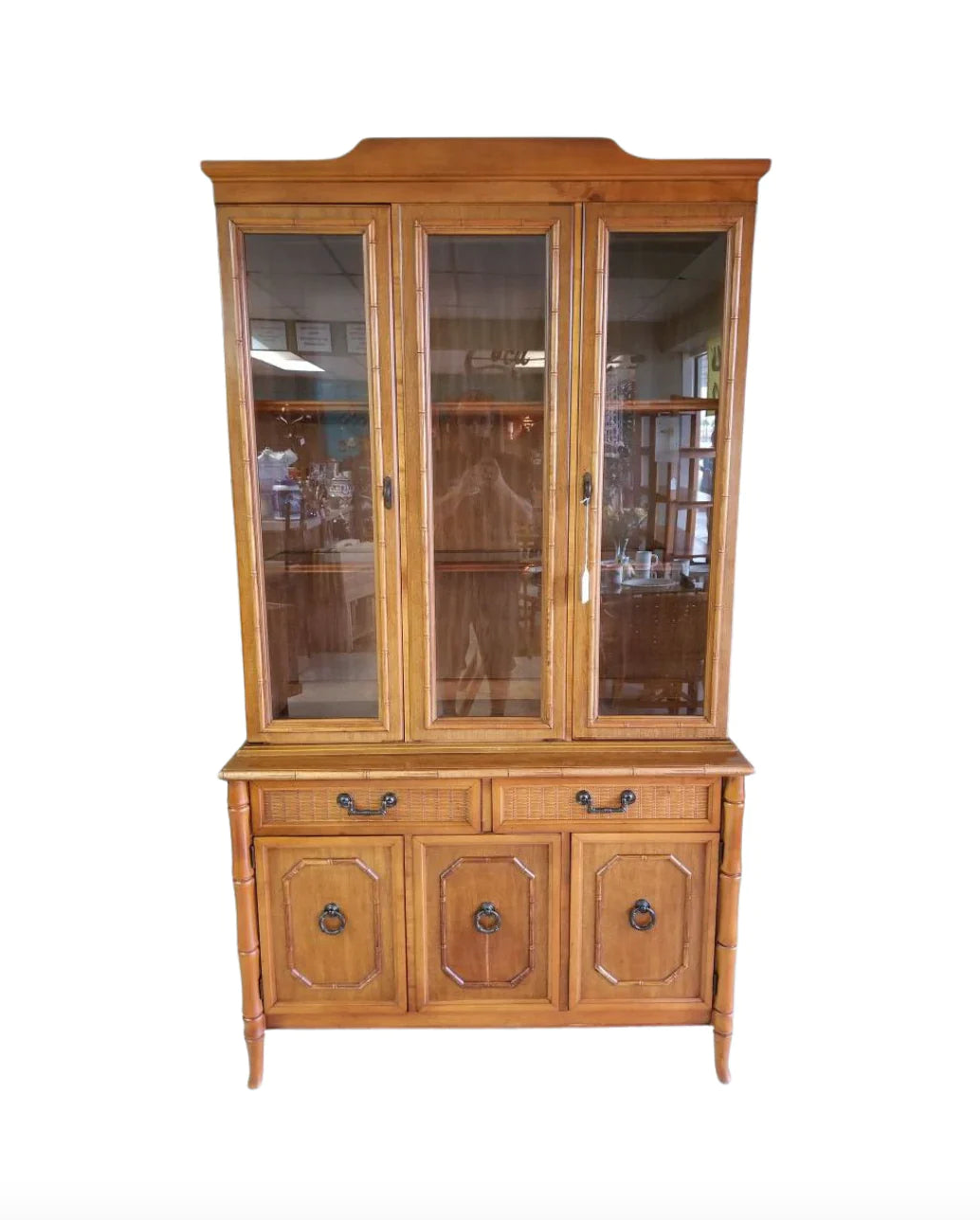 Vintage Broyhill Furniture Faux Bamboo Two Piece China Cabinet Available for Lacquer!
