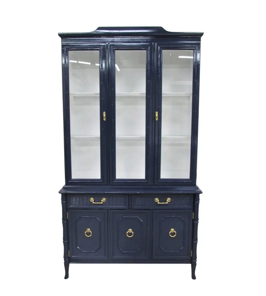 Vintage Broyhill Furniture Faux Bamboo Two Piece China Cabinet Available for Lacquer!