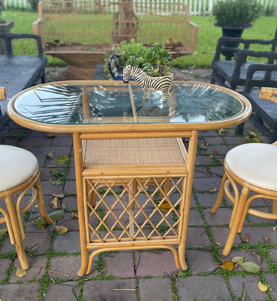Vintage Rattan Lattice Detail Honeymoon Table and Chairs Available for Custom Lacquer!