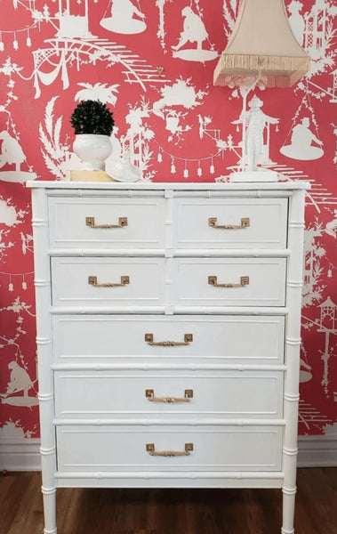 Vintage Henry Link Bali Hai Faux Bamboo Tallboy Chest Available for Custom Lacquer - Hibiscus House