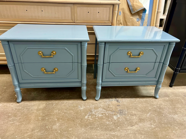 Vintage Pair of Broyhill Furniture Faux Bamboo Two Drawer Nightstands Available for Custom Lacquer!