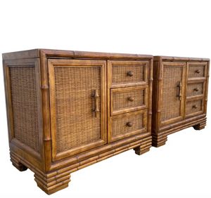 Pair of American of Martinsville Large Lacquered Faux Bamboo and Wicker Nightstands Available for Custom Lacquer!