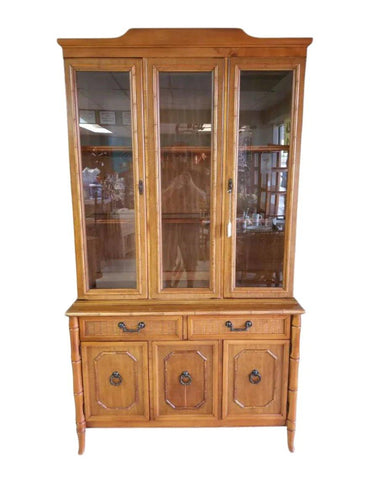 Vintage Broyhill Furniture Faux Bamboo Two-Piece China Cabinet Available for Lacquer! - Hibiscus House