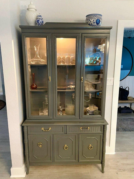 Vintage Broyhill Furniture Faux Bamboo Two-Piece China Cabinet Available for Lacquer! - Hibiscus House