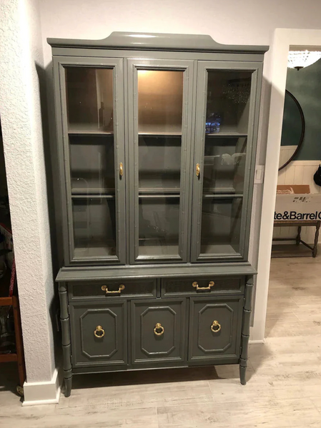 Vintage Broyhill Furniture Faux Bamboo Two-Piece China Cabinet Available for Lacquer!