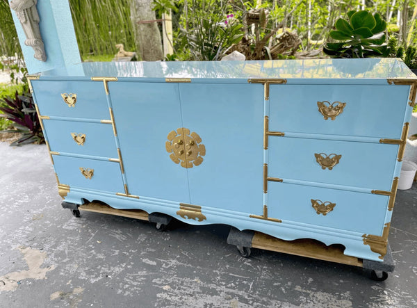 Vintage Korean Tansu Chinoiserie Style Credenza with Butterfly Hardware Available for Custom Lacquer - Hibiscus House